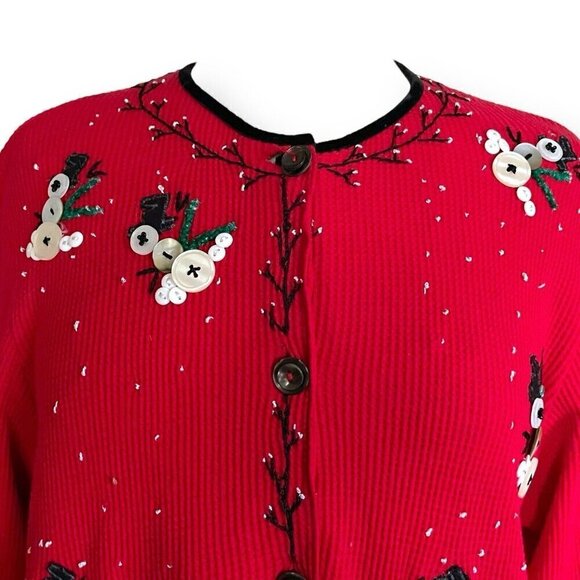 Y2k Vintage Susan Bristol Womens Christmas Cardigan Sz PM Red Button Snowmen - Picture 4 of 10